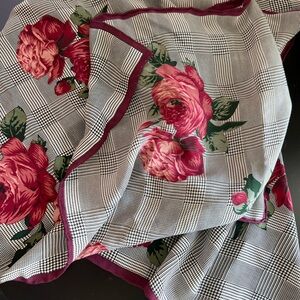 Linda Dano Vintage 100% Silk Floral + Plaid Scarf